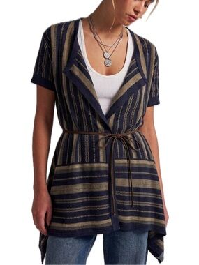 MNG MANGO Striped Cardigan Size Small Short Sleeve Sharkbite Hem Faux Suede Belt
